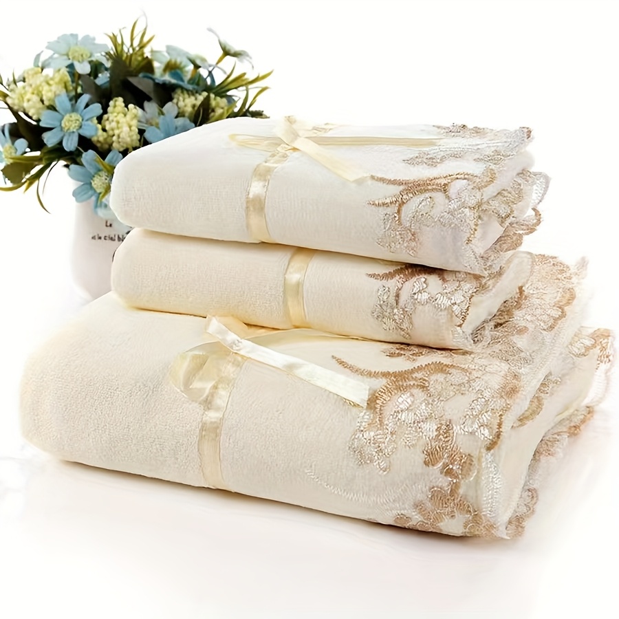 

3pcs Lace Embroidered Towel Set, Household Towels, Towels Bath Towels, Bathroom Towels Absorbent Towels - 1 Bath Towel And 2 Hand Towels, Bathroom Supplies, Wash Cloths