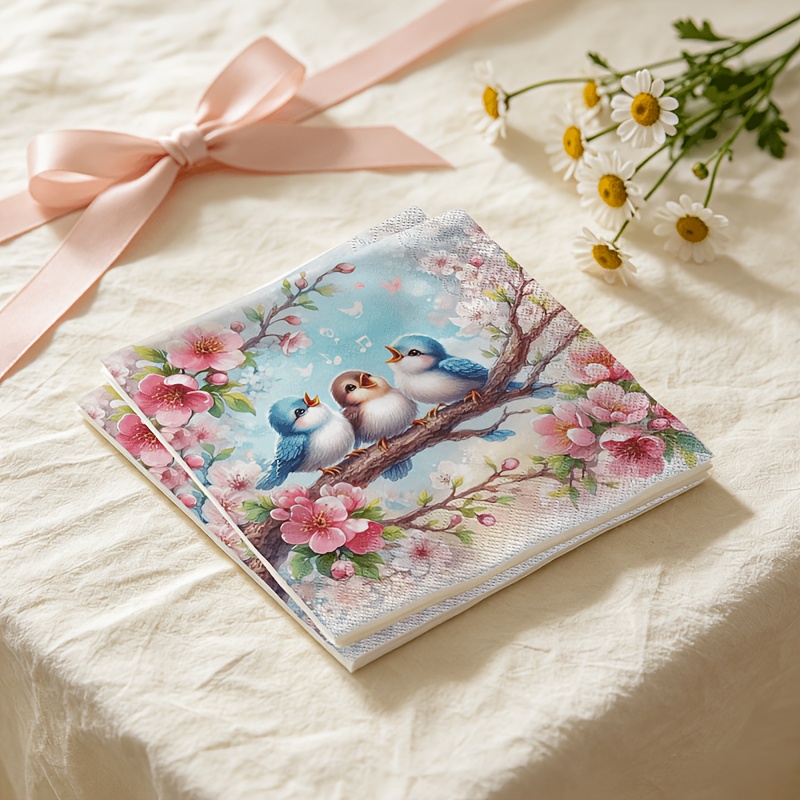 TEMU [ Product] 20pcs Napkins, Spring Cherry Branch Singing Bird Watercolor Style Printed Double-layer Paper Towels, , Soft And Comfortable Feel,