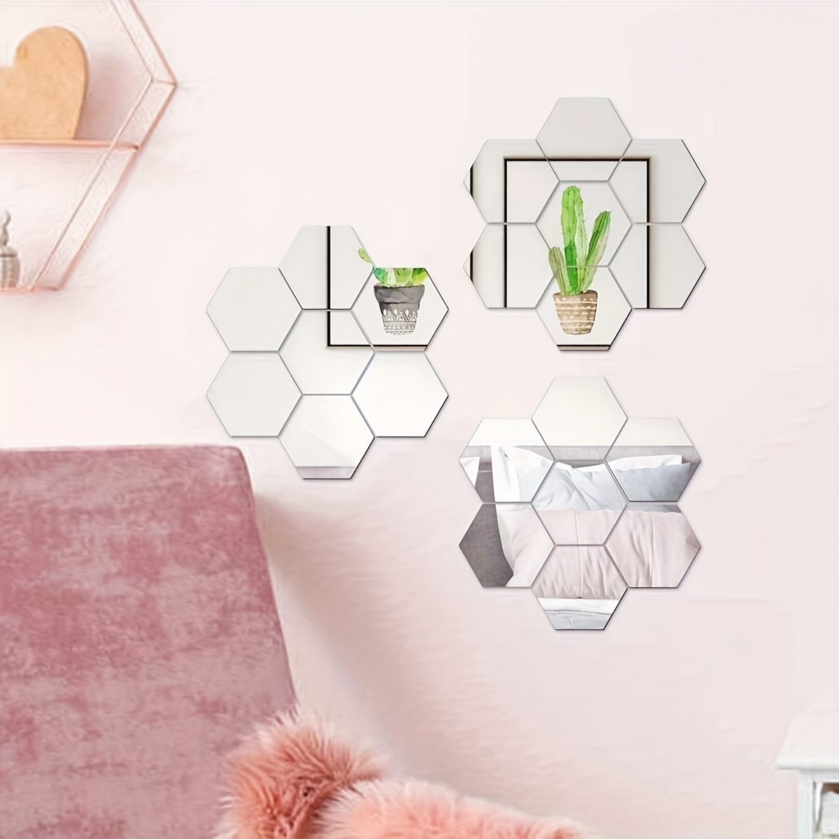 48 piezas, Adhesivos de pared hexagonales de espejo acrílico - Autoadhesivos, Espejos decorativos 3D, Dorados y plateados, Adecuados para la renovación de habitaciones, Decoración moderna de pared de fondo para el hogar