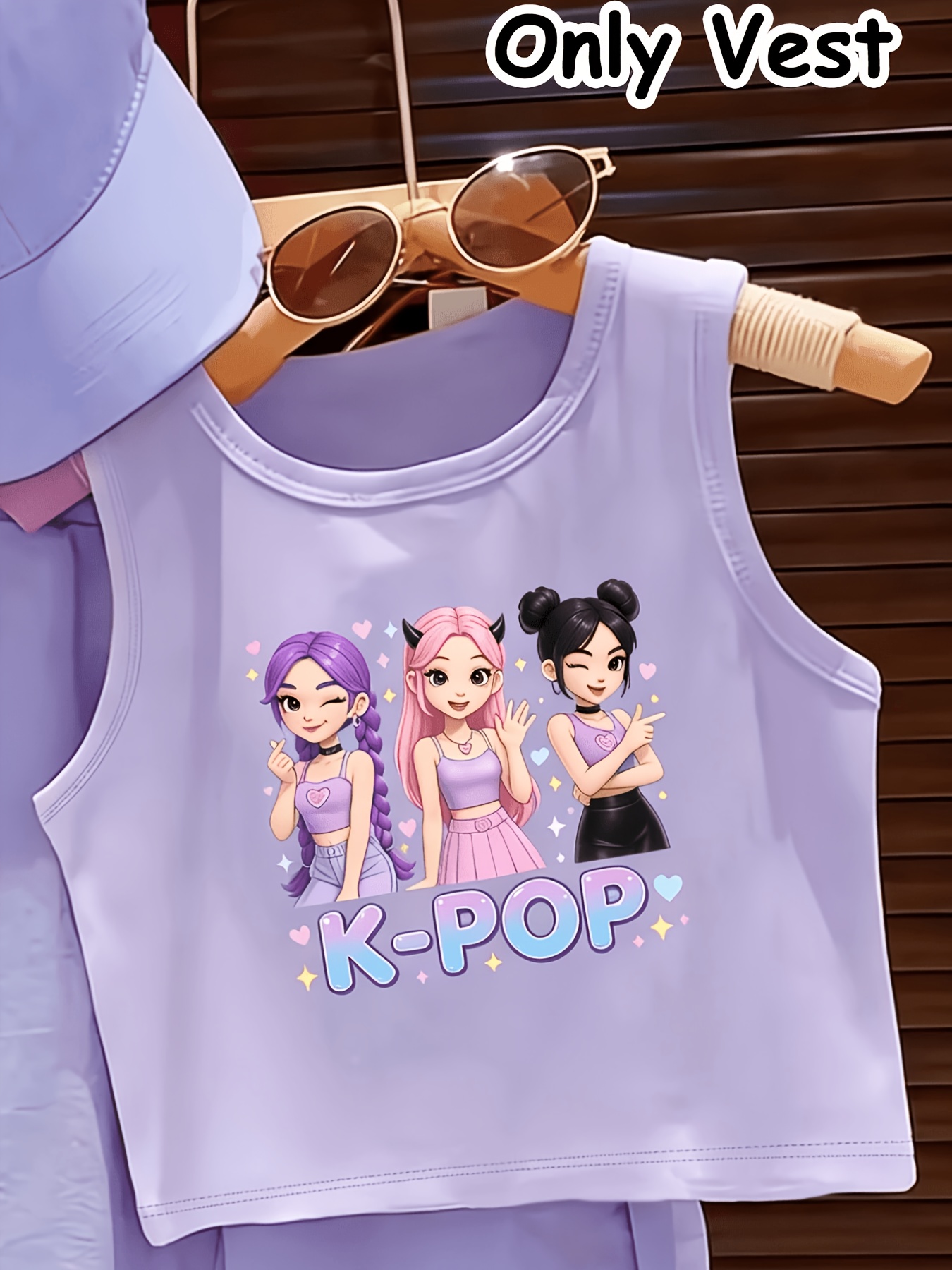 A   Cartoon-style Cool Girl Group Print Design Girls Round-neck Vest Casual Fashion Top