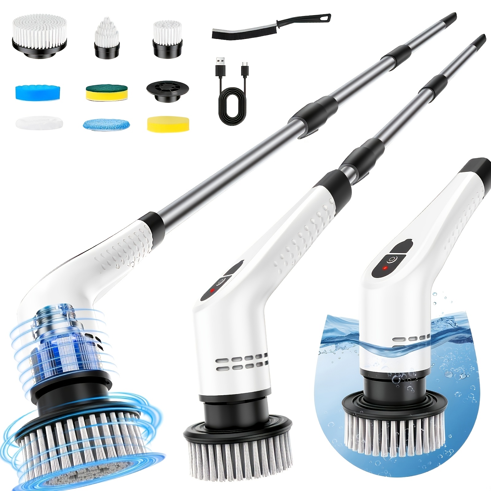 TEMU Brosse rotative électrique NIJ, brosse de nettoyage électrique fil avec manche télescopique, 9 embouts de brosse interchangeables, batterie