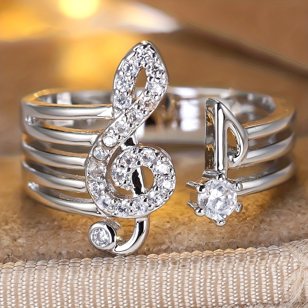 TEMU Angol 1pc Women's Classic Fashionable And Elegant Open-end Ring With A Unique Musical , Inlaid With Synthetic Synthetic Zirconia, Exquisite