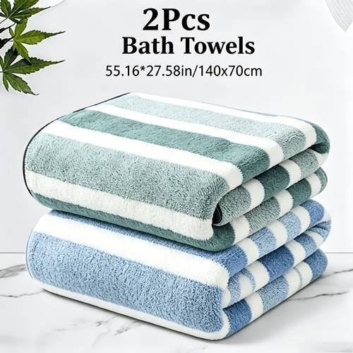item picture 2 striped bath 70 0 x 140 0 coral velvet bath towels thick soft striped bath towels quick drying and water absorbing multifunctional bath towels suitable for swimming bathing gifting and more