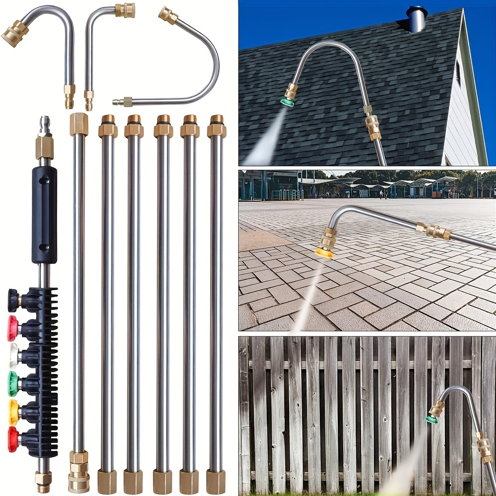 

10pcs/set High Pressure Washer Extension Wand, 1/4" Quick Washer With 6 Nozzle Tips, 30°, 90°, 120° Gutter Cleaning Curved Rod, 4000 Psi, For Roof Drainage , Exterior Walls