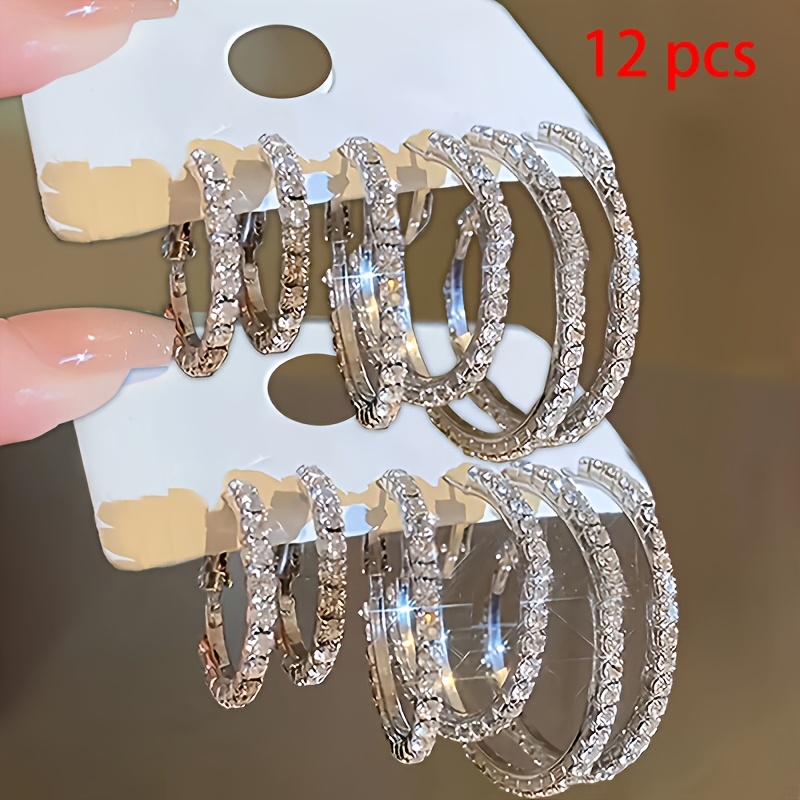 TEMU 12pcs Luxurious Easy Design Inlaid Women's Fashion Earring Set Is Suitable For Wearing Holiday Gifts Fashion Jewelry To Send Family To Send To