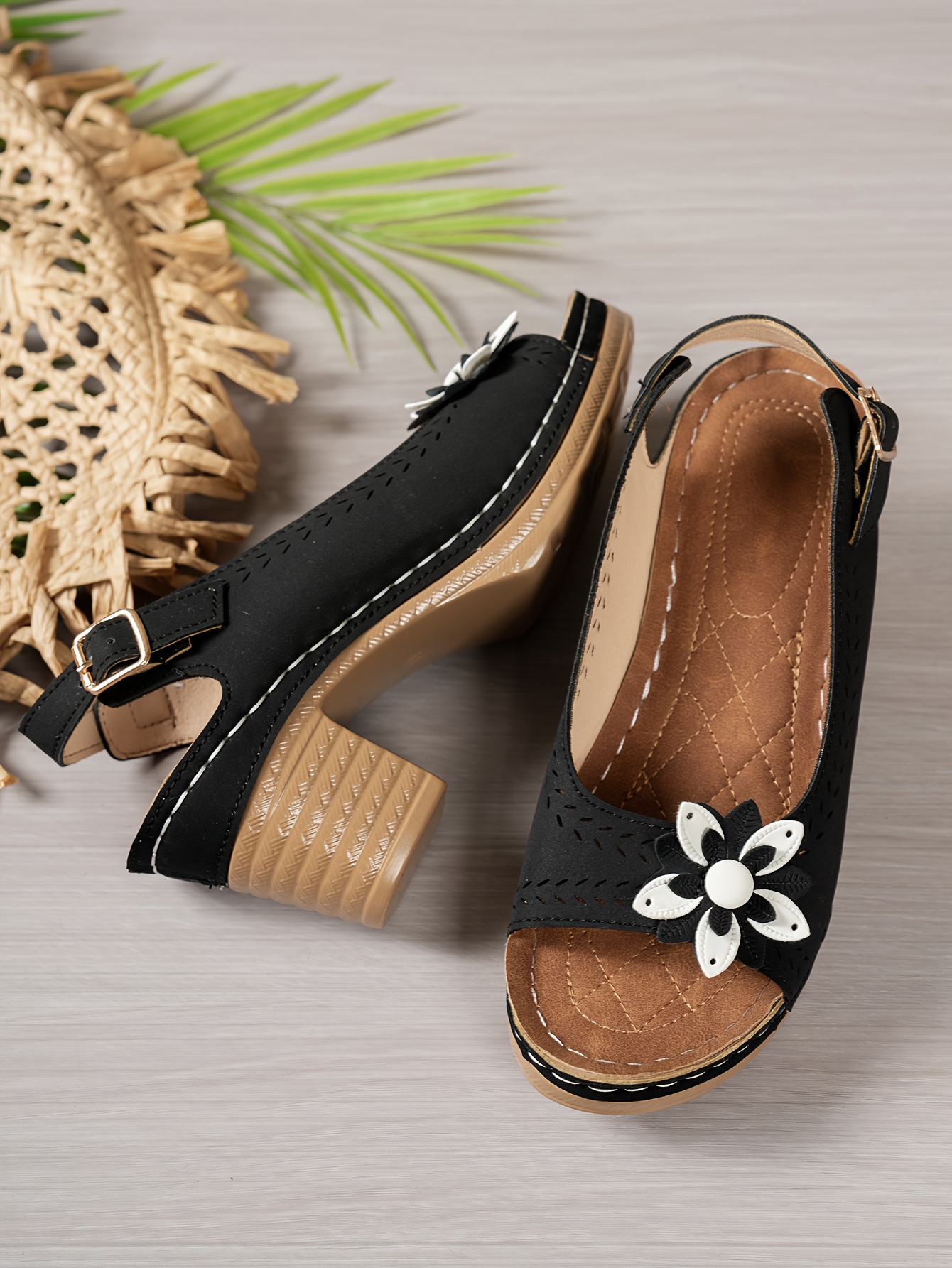 womens slip on roman bohemian high heel sandals chunky platform heels with floral cutout   toe summer   in black white   synthetic cover pu sole for casual semi formal outfits Product details 3