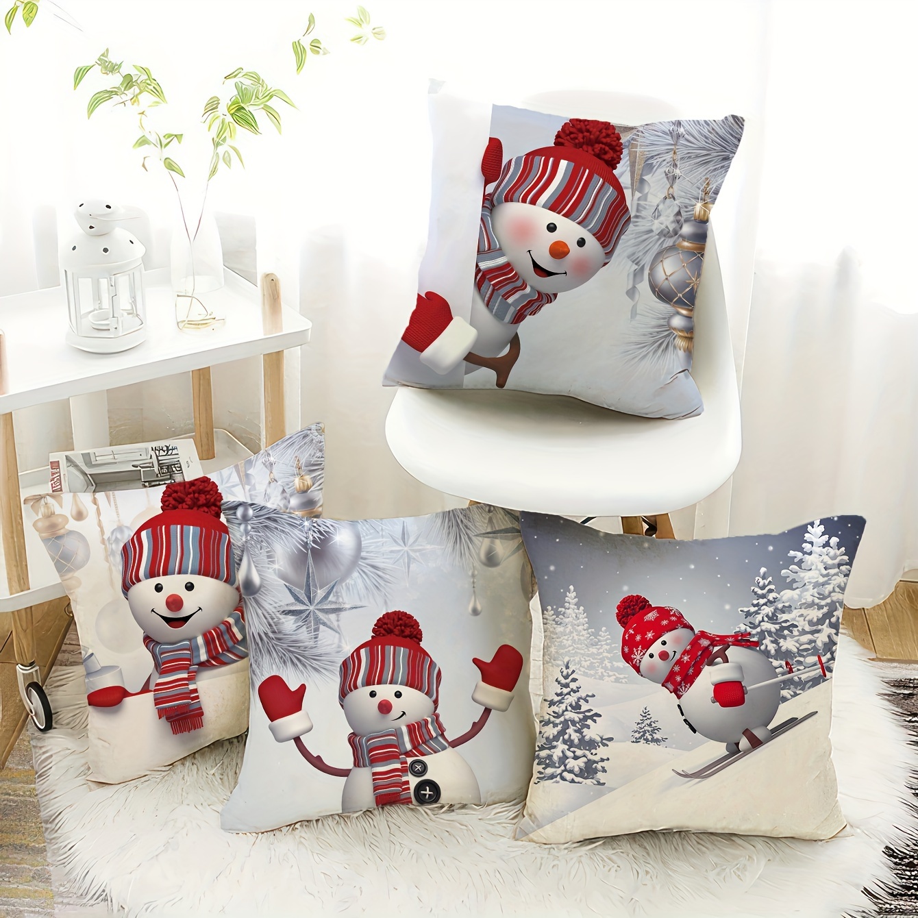 

Snowman Design Christmas Throw Pillow Covers Set Of 4, Traditional-style, Machine Washable, Knit Polyester, Zippered, Versatile Room Decor, 18x18 Inches