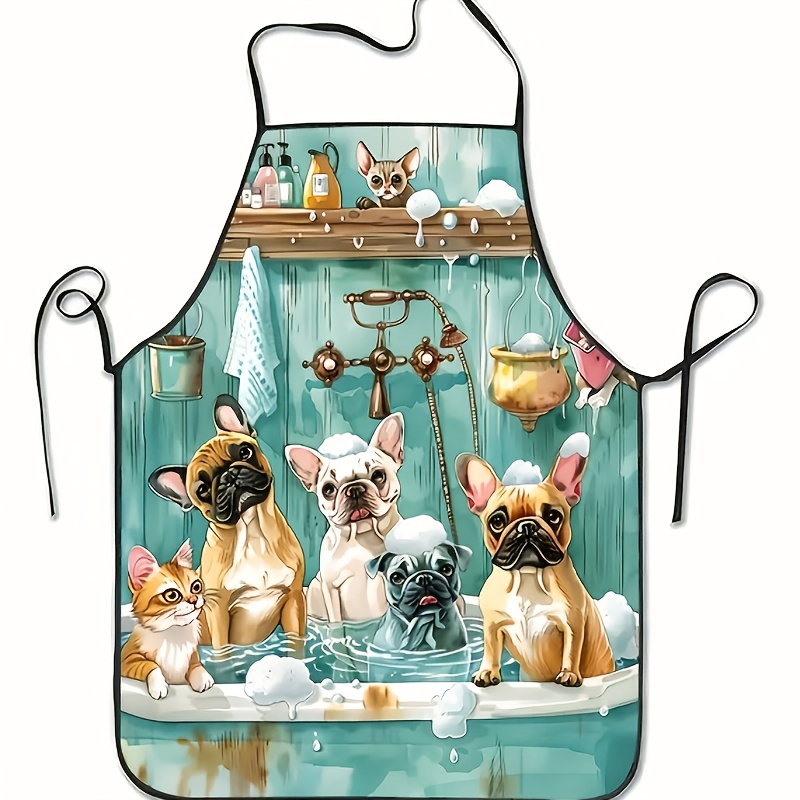 

Stylish Cartoon Dog Bathing Pattern Apron, Woven Polyester Fabric, Ideal For Kitchen And Baking, Home Use - 1pc