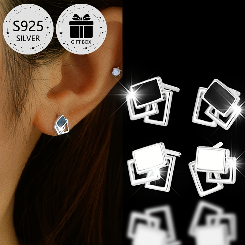 

2pcs Classic Simple Geometric Square Stud Earrings For Women, 925 Sterling Silver With Resin , Gift Box Included, Lightweight 0.9g, , Parties, And Christmas Celebrations