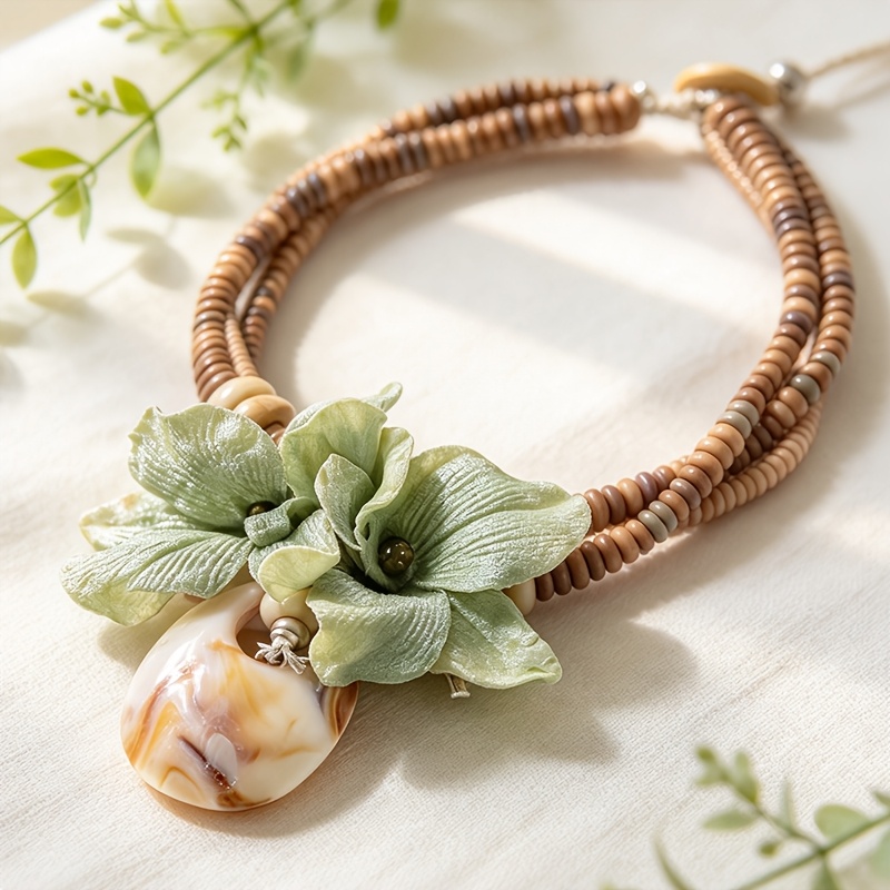 TEMU Bohemian Bead Necklace, Fabric Flower Faux Shell Pendant Chain, Retro Ethnic Style Women's Vacation Accessory