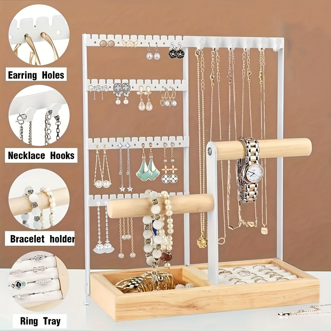 

Chic 4-tier Jewelry Organizer With 48 Holes & 6 Hooks - Wooden Storage Box For Earrings, Necklaces, Bracelets, Rings - Perfect Day Gift & Stylish Room Decor