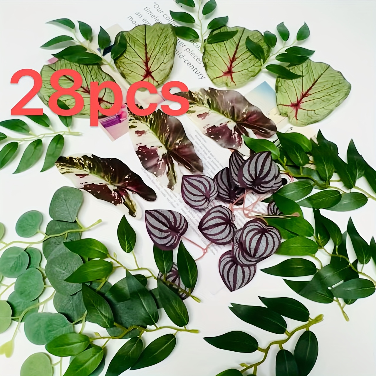 Image of 28pcs, Mixed Simulation Leaves, Size And Color Mixed For Wedding Decoration, Festival Decoration, And Floral Arrangement, With Realistic Petals And Stems, A Romantic Atmosphere