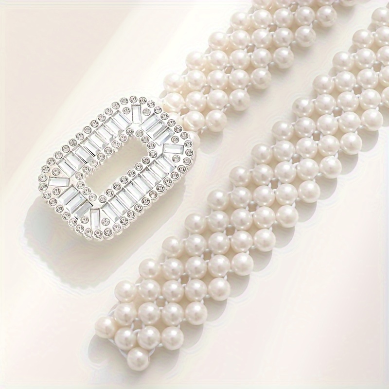 Image of Rhinestone Pearl Belts Elegant White Elastic Waistband Classic Dress Chain For Women Daily Uses
