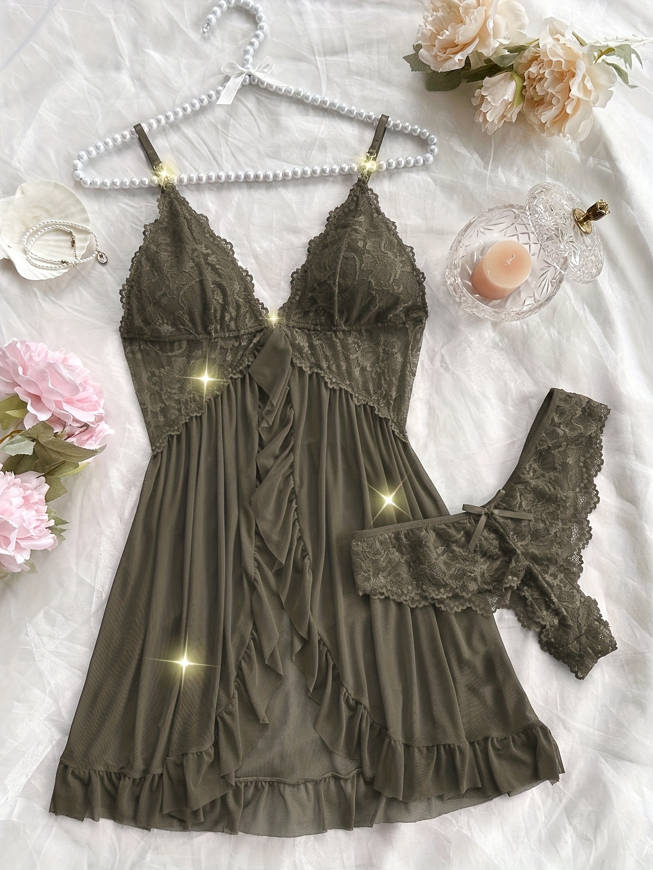knee length dresses for ladies Bougiee Black | Romantic Lace Satin Night Dress