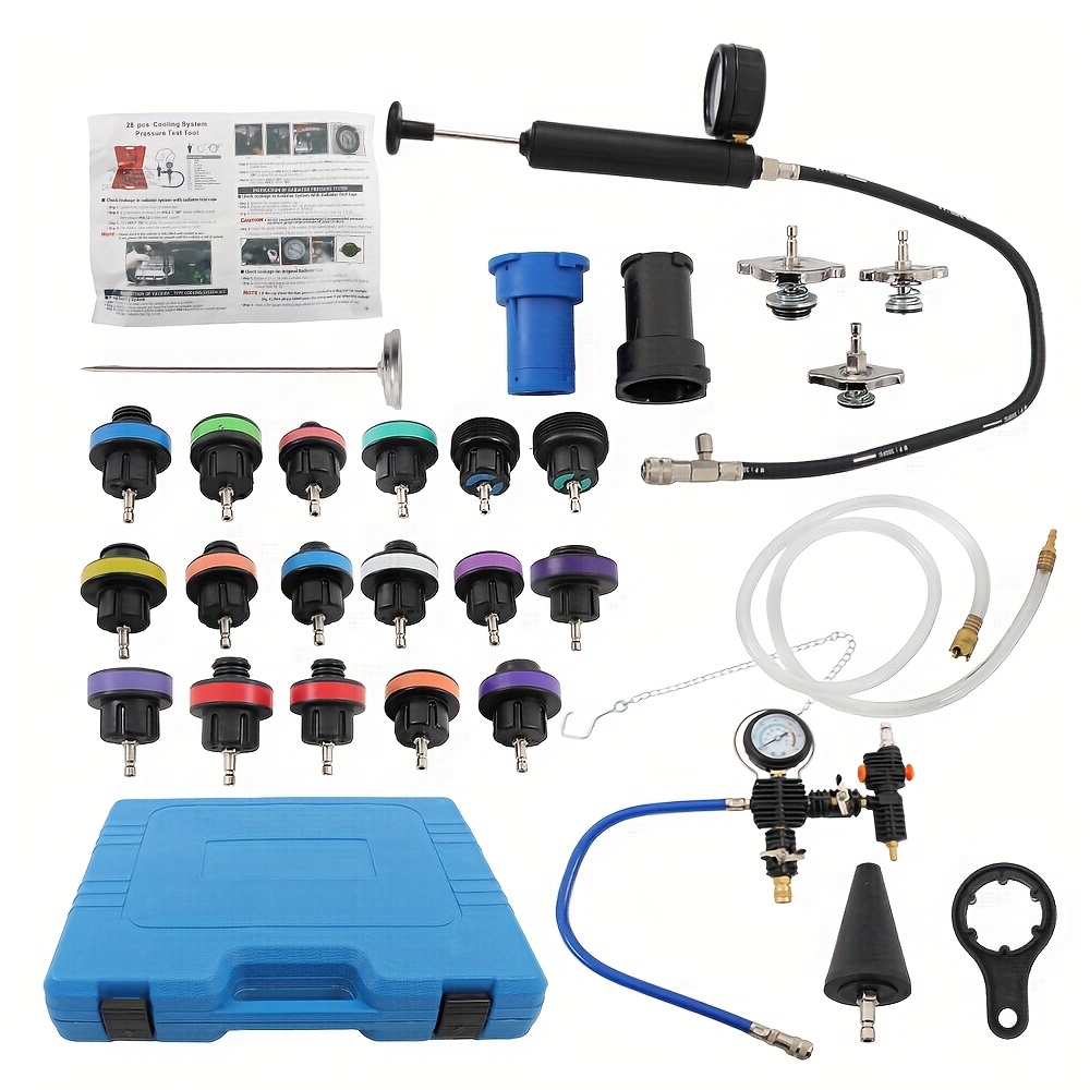 TEMU 28pcs Universal Vacuum Radiator Test Detection Tool Coolant Pressure Tester Kit Pneumatic Coolant Filling Filler With Carrying Case, Without Battery