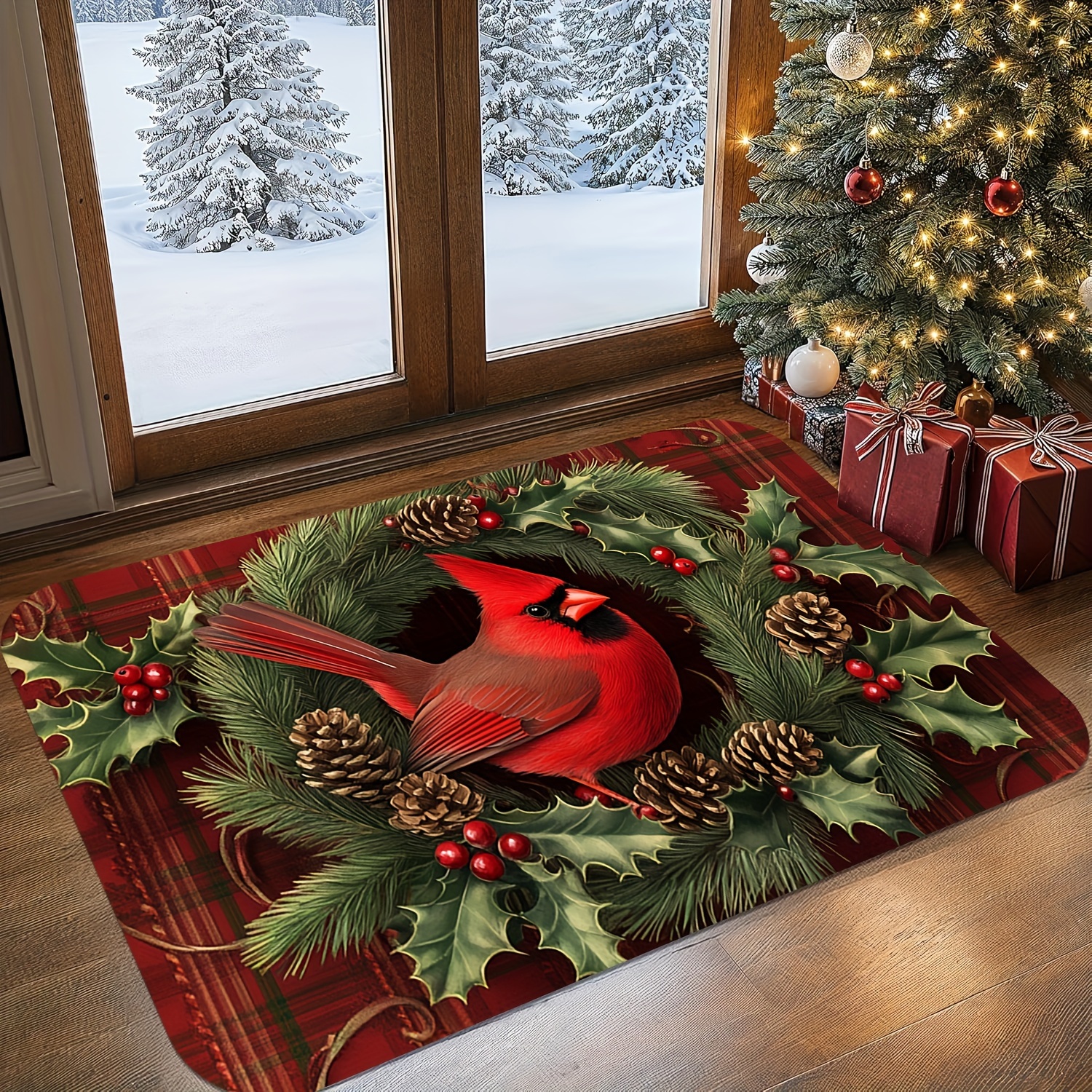 

Christmas Welcome Door Mat - With & Holly , Non-slip, Easy Clean, Stain Resistant, Machine Washable Flannel Rug For Living Room, Bedroom, Kitchen, Office - Home Decor, Christmas Decor