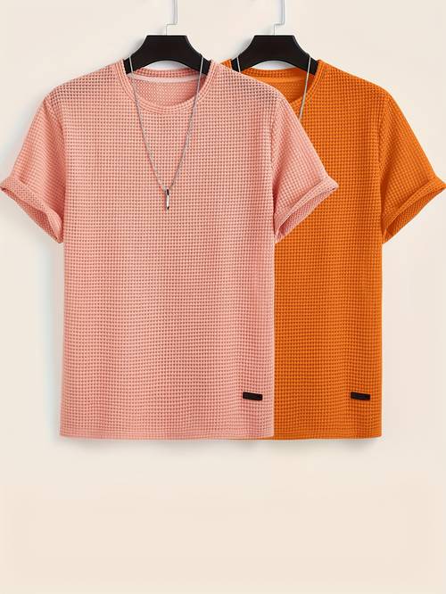 holiday solid color 2pcs knitted semi sheer neck short sleeve t shirt summer