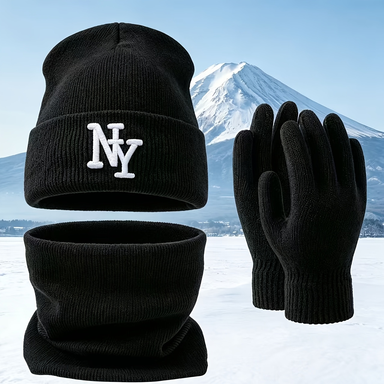 TEMU 3 pièces Bonnet, écharpe et gants brodés pour la randonnée, , le cyclisme - Bonnet d'hiver léger et chaud, écharpe et gants pour adultes, hommes