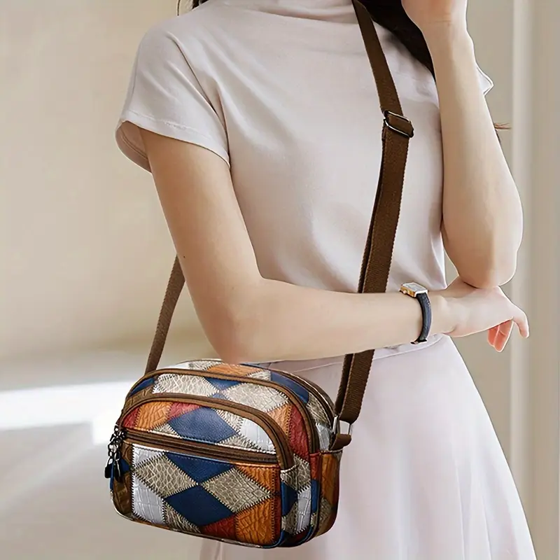 versatile shoulder bag with multiple pockets geometric decorations wide shoulder strap crossbody bag and handbag suitable for daily commute work travel and various functions details 7