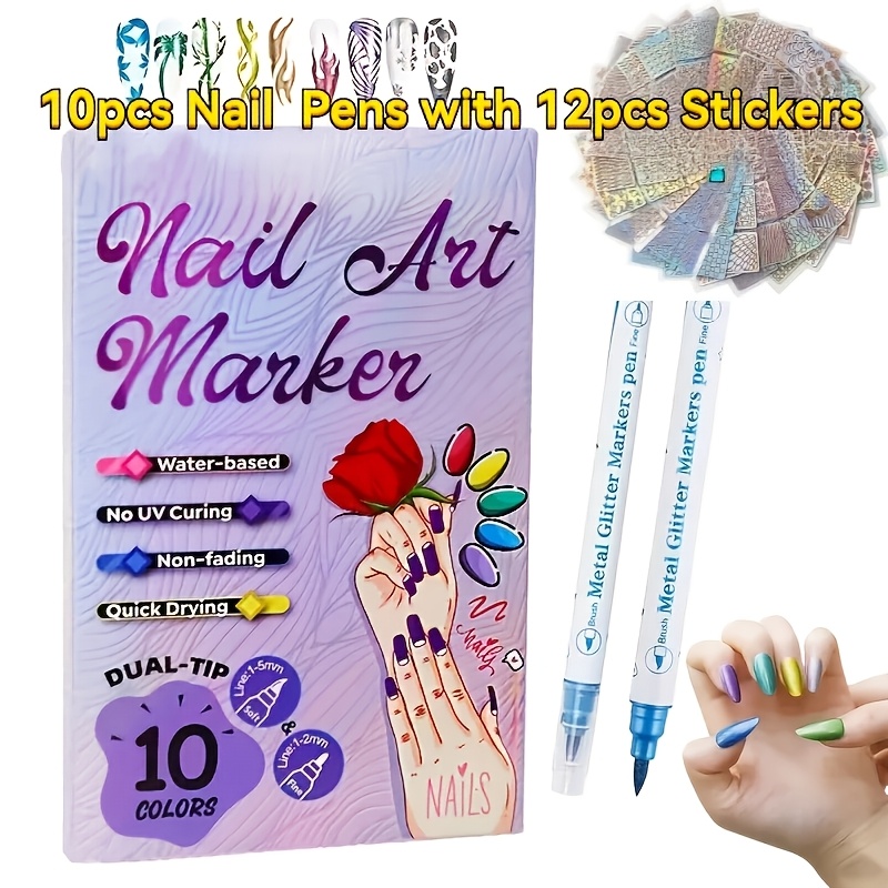 TEMU 10 Colors 3d Nail Art Pens Diy Set, Double Ended Metallic Nail Marker Pens Graffiti Dotting Drawing Painting Liner Pen, Quick-drying Acrylic Paint Pen For Quickly Dry Nail Art