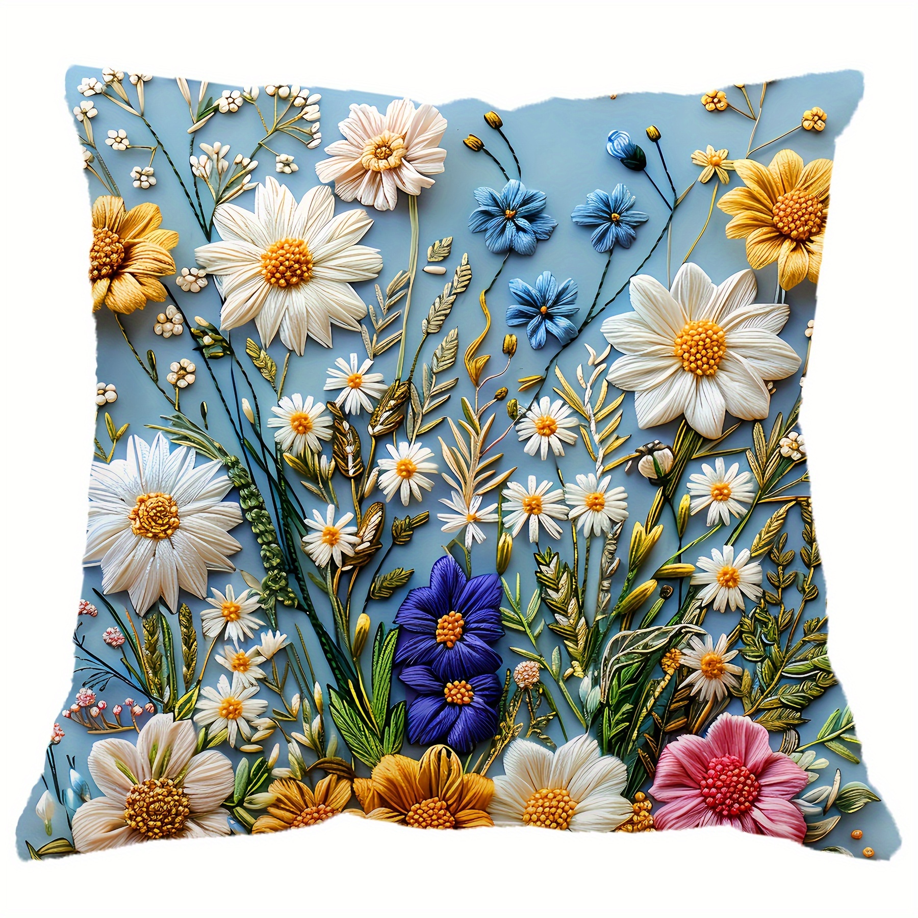 

Contemporary Floral Throw Pillow Cover, 3d Daisy And Botanical Print, Hand Washable Polyester Cushion Case With Zipper, Decorative Single-sided 17.7" Square For Various Room Sofa And Bedroom - 1pc
