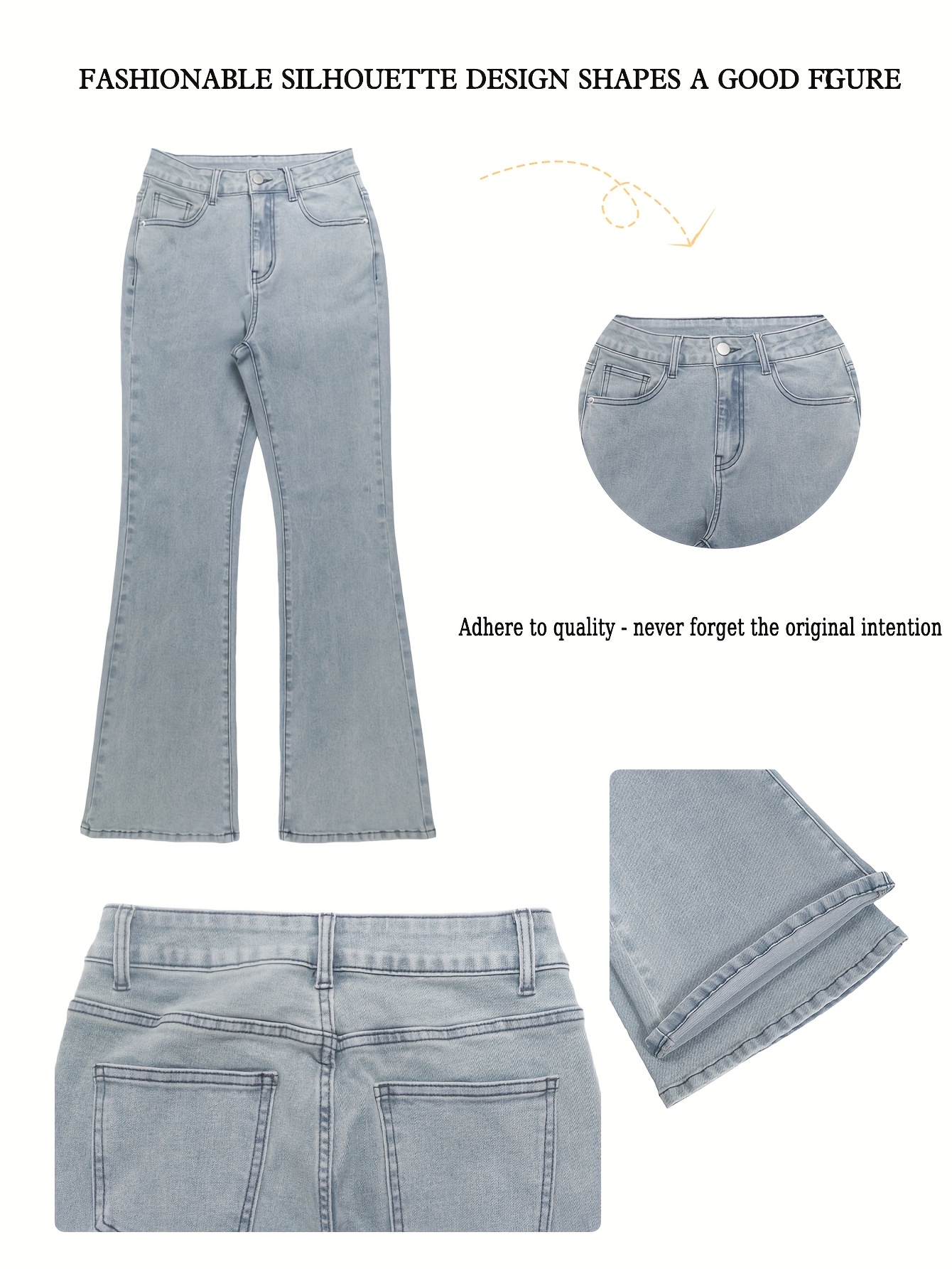 GILIPUR MH1025 Light Blue Retro High-Waist Stretch Straight Leg Women's Pants, Street Style Solid Color Long Pants with Pockets, All-Season Comfortable Stretch Fabric, Machine Washable