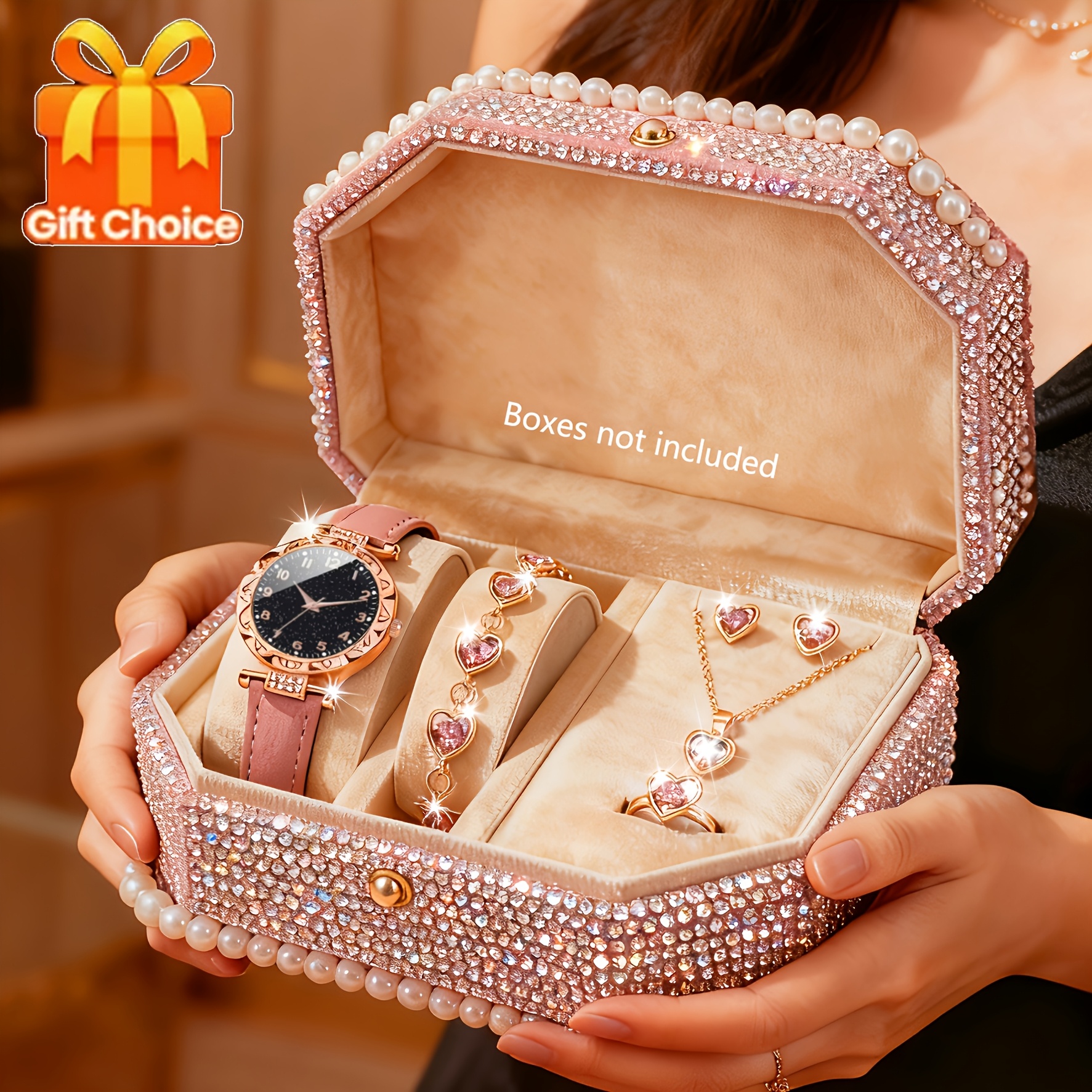 6pcs womens watch elegant fashionable exquisite sparkling quartz watch with   decoration necklace bracelet ring earring jewelry set suitable for women daily wear gift party decoration birthday festival gifts   perfect gift