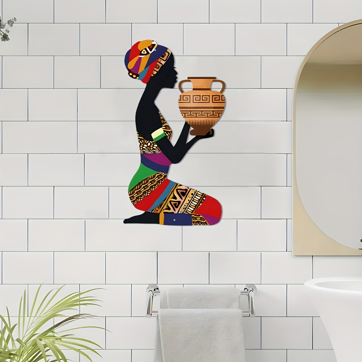 TEMU 1 pièce Art Mural Métal Femme Africaine - Tenue Traditionnelle Multicolore et Foulard, Statue en Métal Robuste de 15,75 Pouces pour Décoration