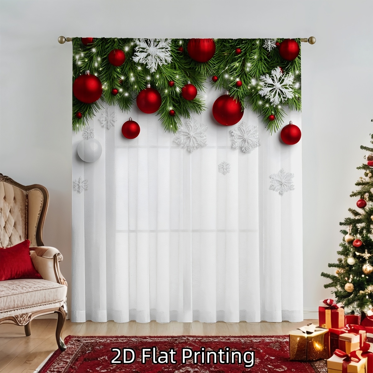 TEMU 2d Flat, 1pc 2d Flat Christmas Sheer Curtain With Elements Like Colorful Balls And Snowflakes - Made Of Soft Microfiber, Rod For Easy Hanging -