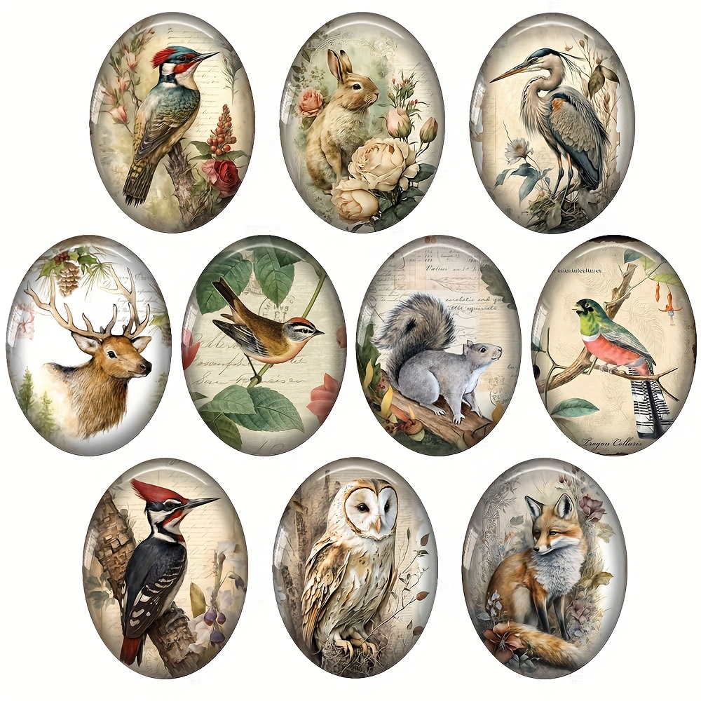 Image of Retro Bird Rabbit Fox Animals Art Paintings 13x18mm/18x25mm Oval Photo Glass Cabochon Demo Flat Back Making Findings