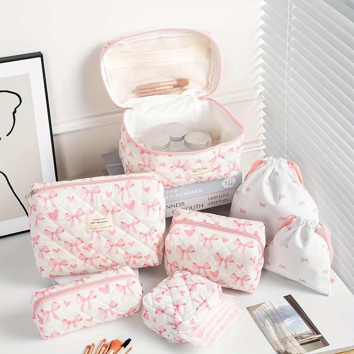 Image of 7pcs Love Quilting Cosmetic Bag Travel Large Capacity Storage Pouch Storage Cute Multi-functional Handbag Gift For Female Mothers' Birthday