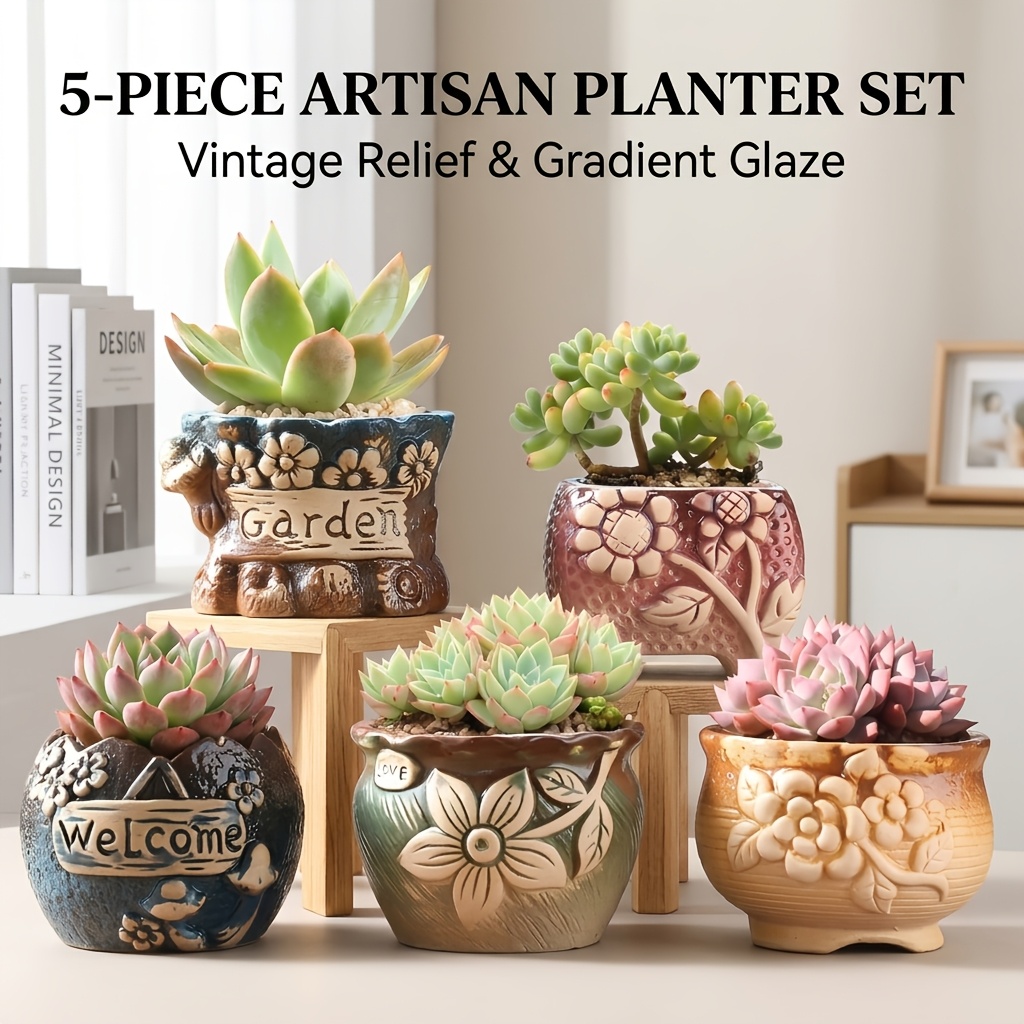 5pcs Cactus Ceramic Pot Set Creative Succulent Plant Combo Set Breathable  Retro Indoor * Coarse Pot Thumb Garden New Bulk * Thumb Gardening Gift Home  Decor