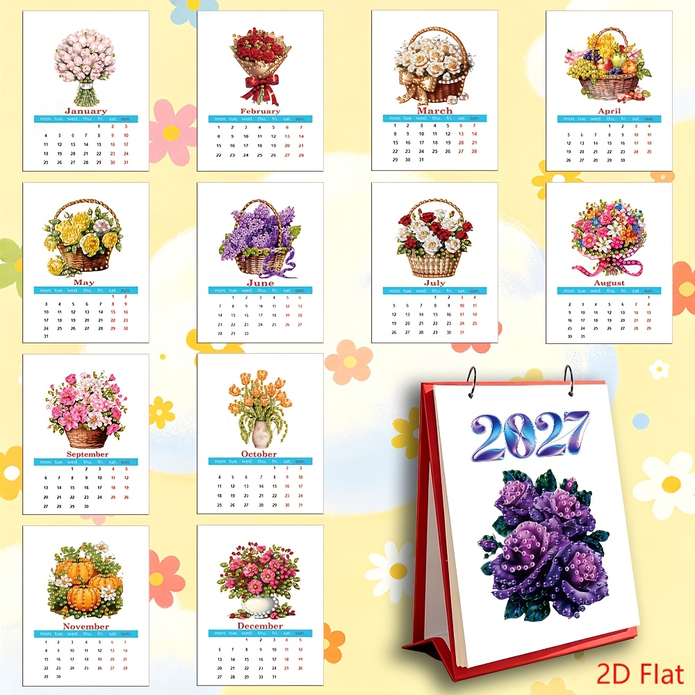 TEMU 1pc 2027 Beautiful Floral Basket Diamond Painting Holiday Series Pattern Calendar, Mini Desktop Calendar, Desk Calendar, Office Desk Creative