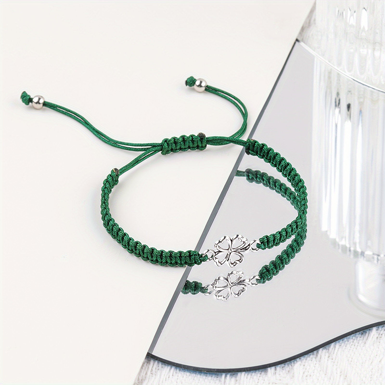 Lucky Four Leaf Clover Adjustable Woven Bracelet, Good Luck