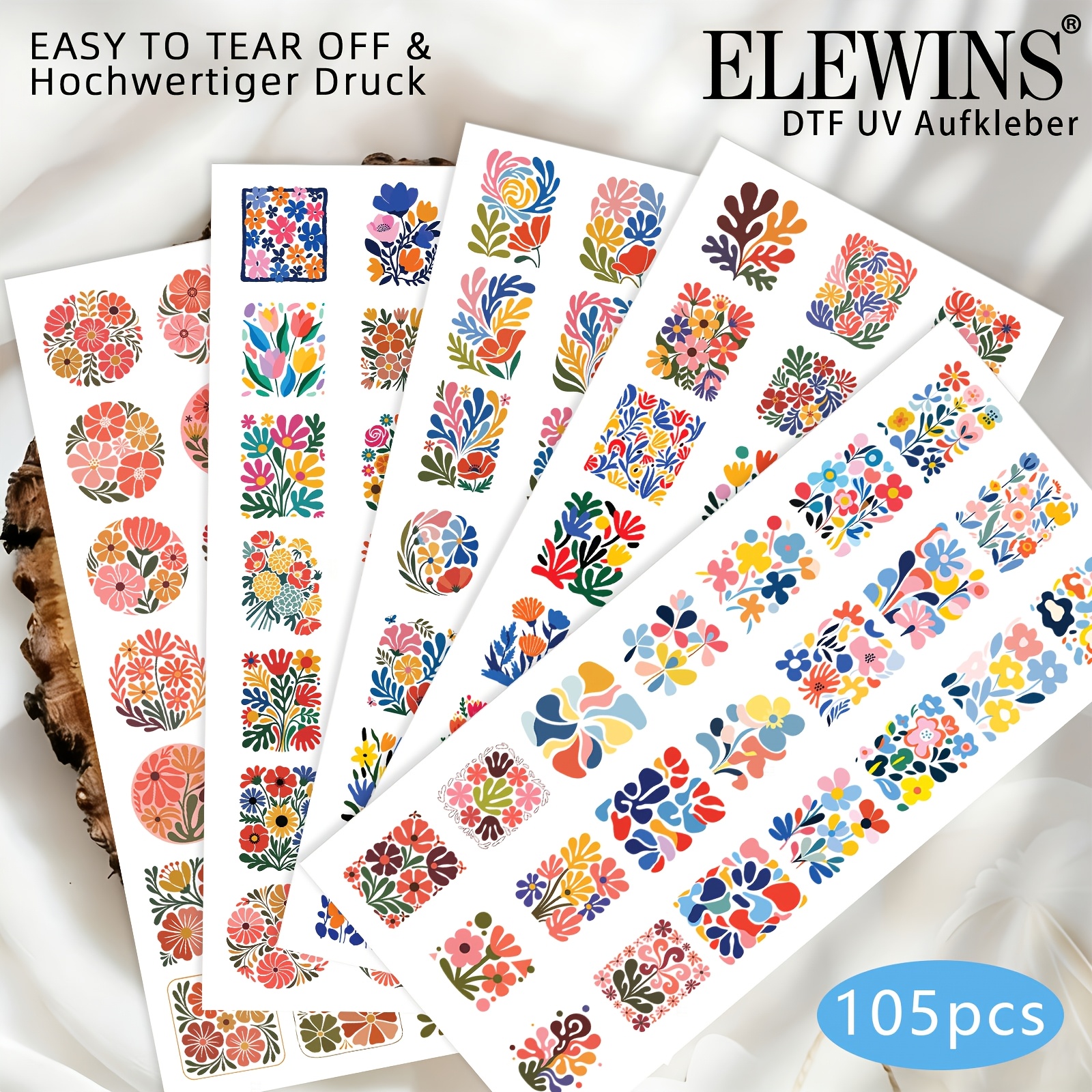 TEMU Ensemble de transfert UV DTF à transparent avec 105 fleurs - Transfert d'art polyvalent et durable pour meubles, verre, bougies, céramiques et