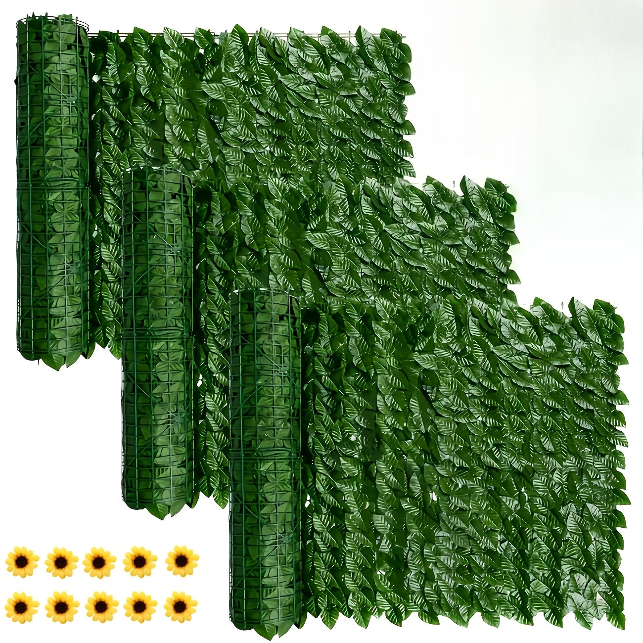 Artikelbild [2d flach] 17-teiliges set: 2 große künstliche efeu-bretter 15 sonnenblumen, bezauberndes künstliches efeu-sichtschutzzaun-brett für den außenbereich – uv-beständige, langlebige kunststoff-grünwand,  
