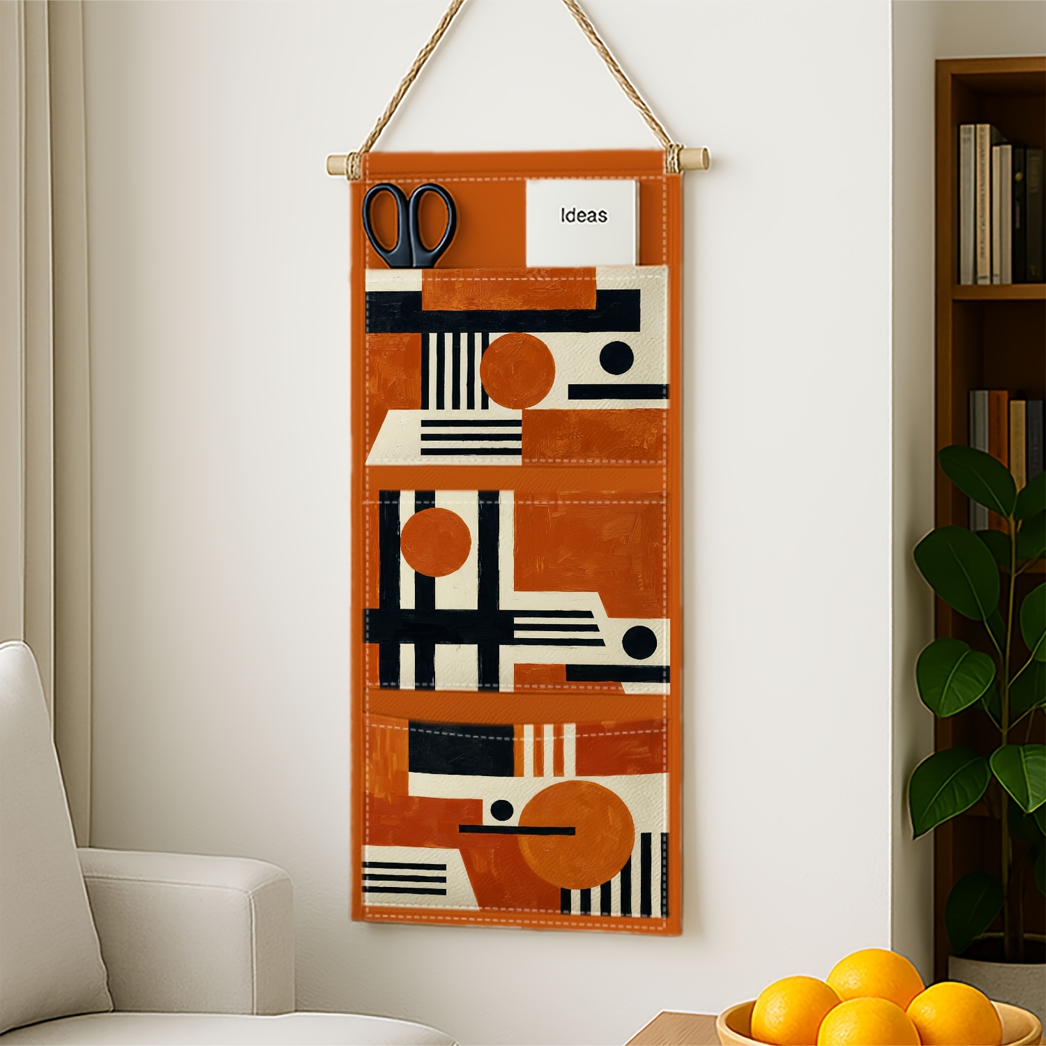 TEMU 1pc Three-layer Wall-mounted Mid Century Modern Abstract Hanging Storage Bag With Multiple Pockets For The Bedroom,geometric Orange Black Shape