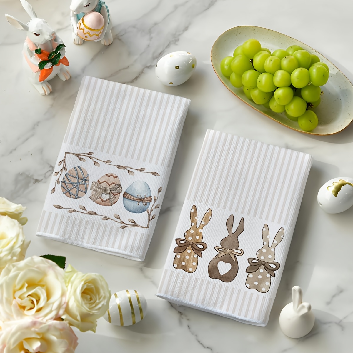 Image of 2pcs Kitchen Towel With Rabbit Egg Pattern | And Absorbent Microfiber, Size 15.75x23.62 Inches, Ideal For Drying Dishes, Tea Cups, Bathroom And Dining Room Decor, Suitable For Cooking And Baking