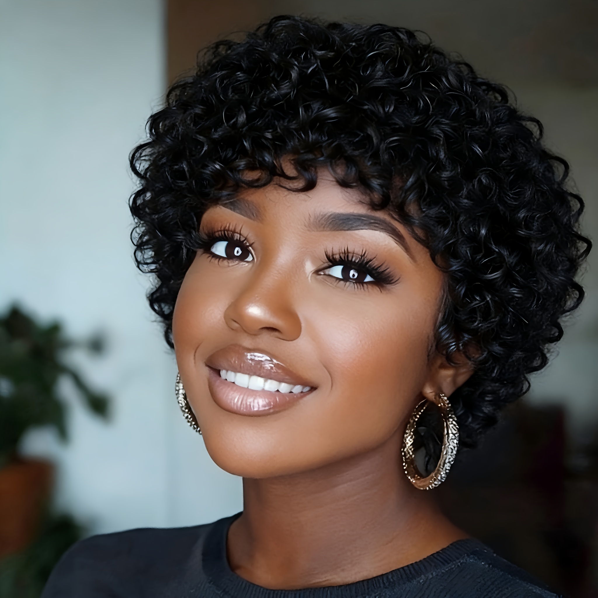 TEMU Women's Brazilian Human Hair Cut Wig With Bangs - Human Hair, 150% Density Short Curly Wave, Breathable Wig Suitable For Daily Wear, Parties &