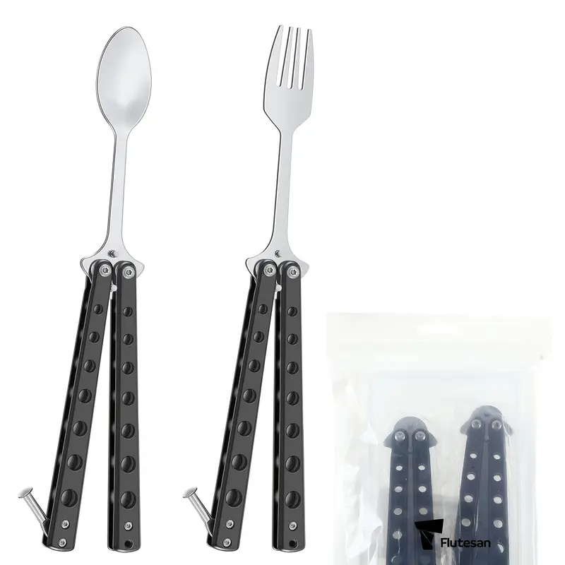 2pcs fork and spoon set stainless steel folding utensils with ergonomic handles compact travel for camping hunting durable portable black camping essentials sleek metallic metal Product details 0
