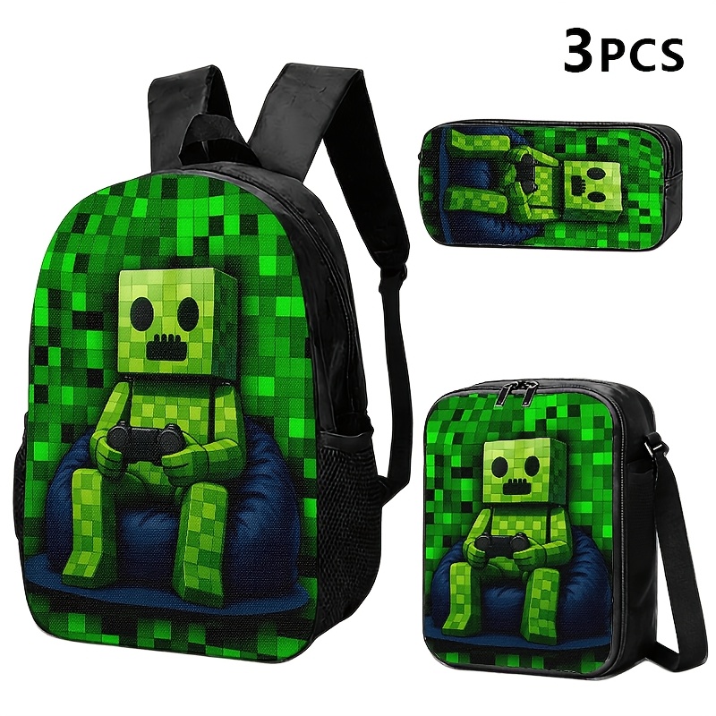 TEMU 1pc/2pcs/3pcs Sac à dos , Sac bandoulière et Pochette avec un de bloc vert tenant un ; Idéal pour les ou les adultes soucieux pour les