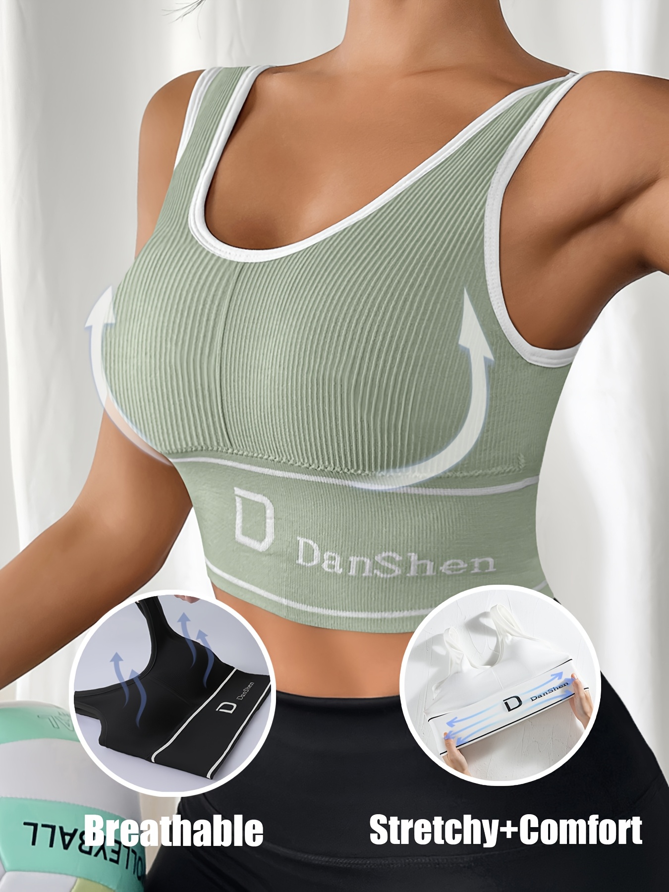 DanShen Women's High-Support Sports Bra - Wireless, Padded, Stretchy Nylon Blend for Yoga & Running, Mint Green Ribbed Design with White Logo, Machine Washable
