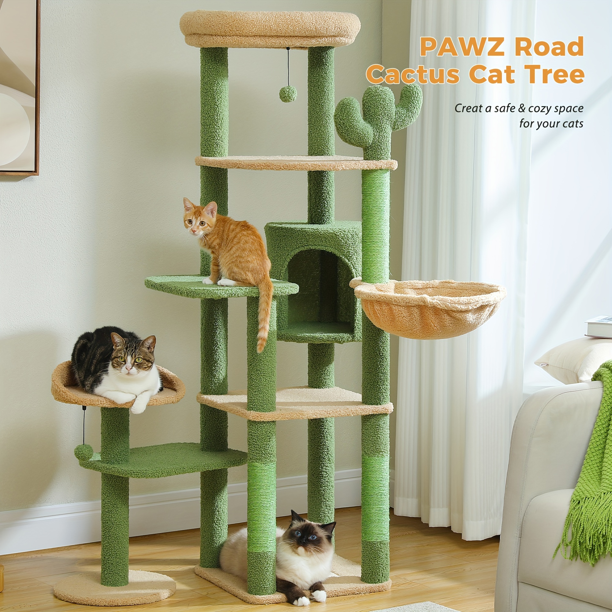 

59" Cactus Cat Tree, Large Cat Tree For Indoor Cats, Cat Tower For Large Cats, Multi-level Cat Tower, Cat Condo With Large Hammock, Scratching Post, And 2 Perches