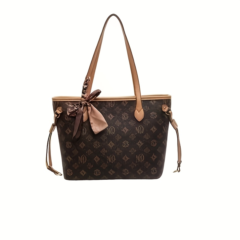 Stylish Brown Handbag With Golden-tone Hardware & Decorative Bow - Large Capacity Commuter Handbag For Wo , Checkered