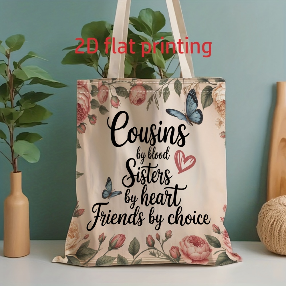 TEMU Men' Tote Bag - Unisex 2d Flat Print "cousins By " Floral Pattern, Lightweight Durable, Reusable Shopping Bag, Ideal Gift For , Suitable For