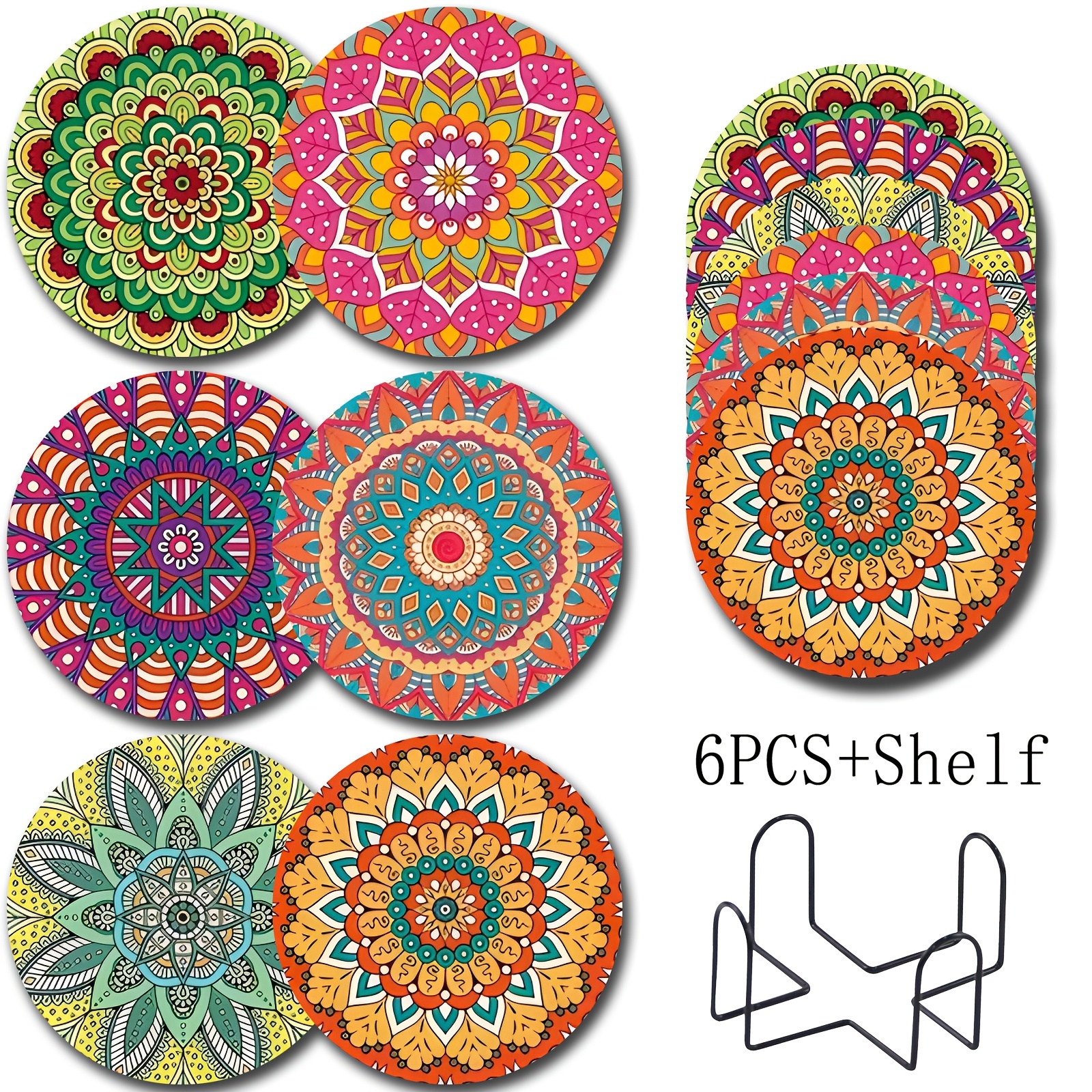 TEMU 6pcs Mandala Wooden Coasters With Stand - Wood Suitable For Drinks, Tea, Coffee, Wood Coaster Holders With Stand For, Table Protectors, Holiday