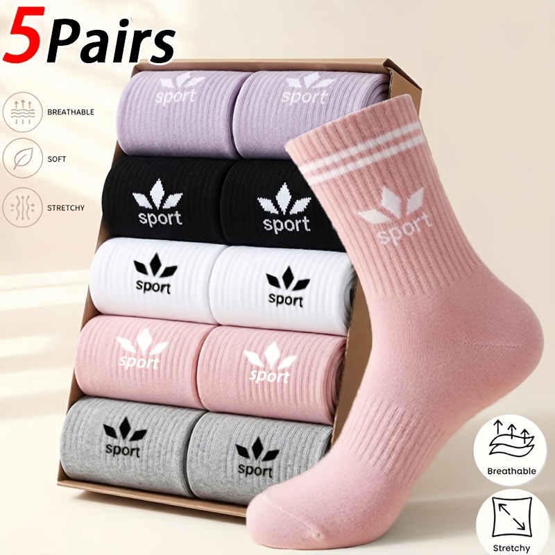 TEMU 5 Pairs Women's Mid-calf Socks, High-waist Long Sports Socks, Dopamine Easy Letter Waist-cinching Socks, Unisex Couple Casual