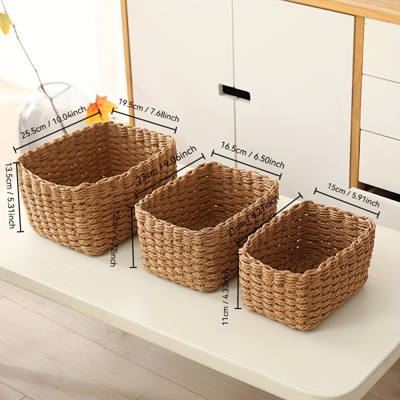 3pcs Set Of White Storage Basket, Stackable Hand-woven Cosmetic Storage Box, Retro Country Style Grocery Storage Basket, Desktop Storage Box, Shelf Baskets