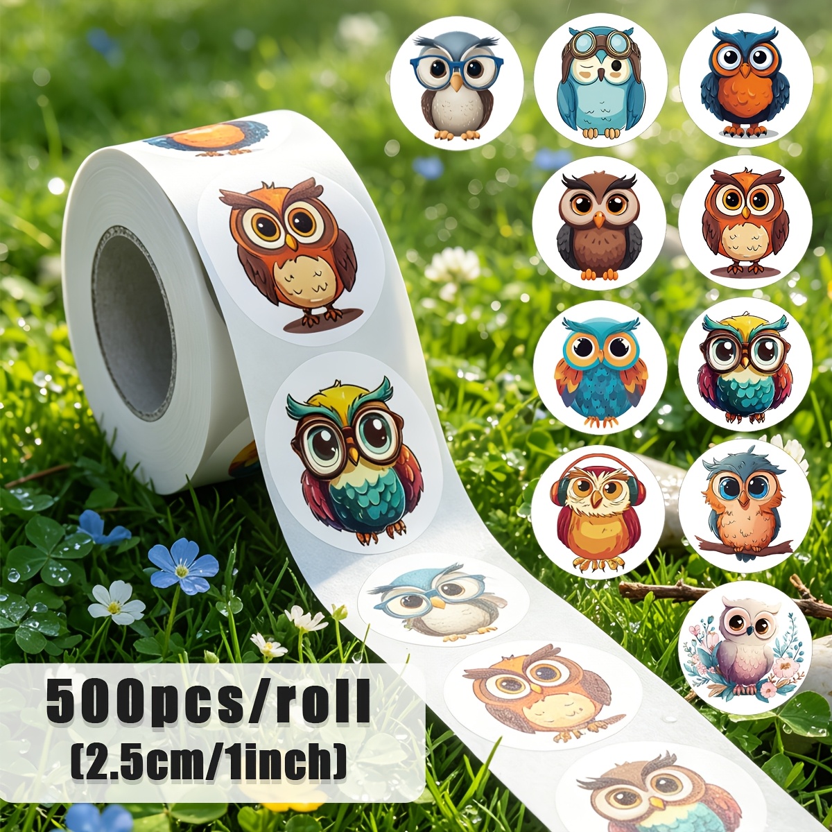 TEMU 500 Stickers/roll, Owl Stickers With 10 Owl Patterns, 1-inch Stickers For Stationery, Pencils, School Bags, Skateboards, Decorative Stickers,