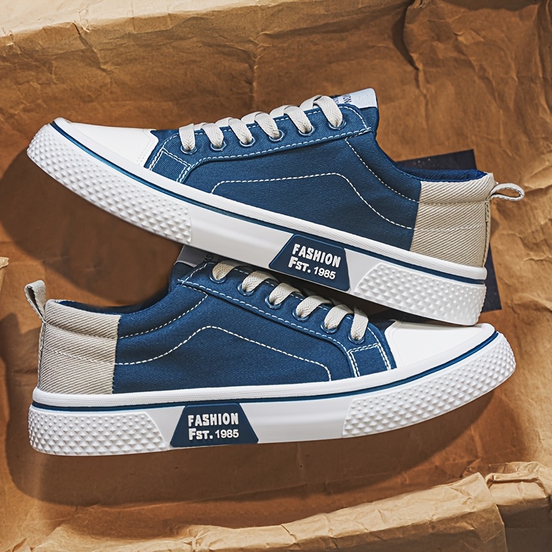 Men'S Casual Sneakers - Stylish Blue And White Canvas Skate Shoes, Breathable Fabric Lining, Four-Season Low-Top Lace-Up Shoes